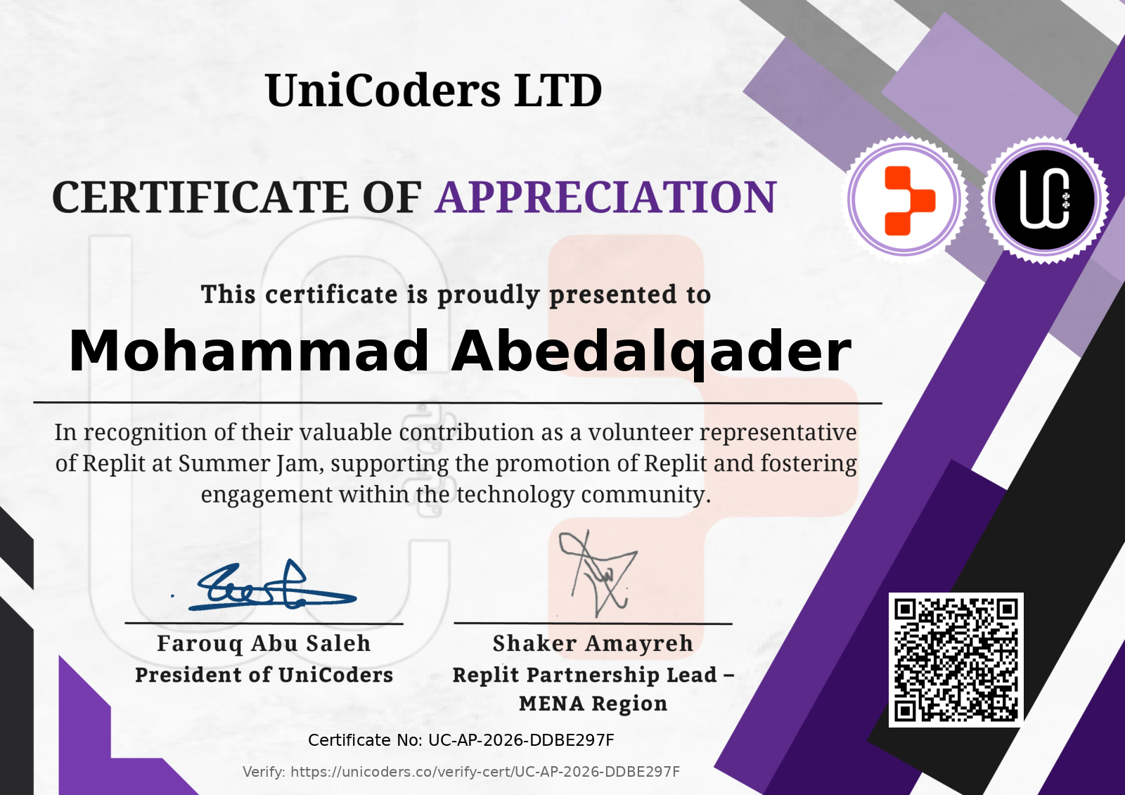 Certificate of Appreciation - UniCoders & Replit Summer Jam Volunteering