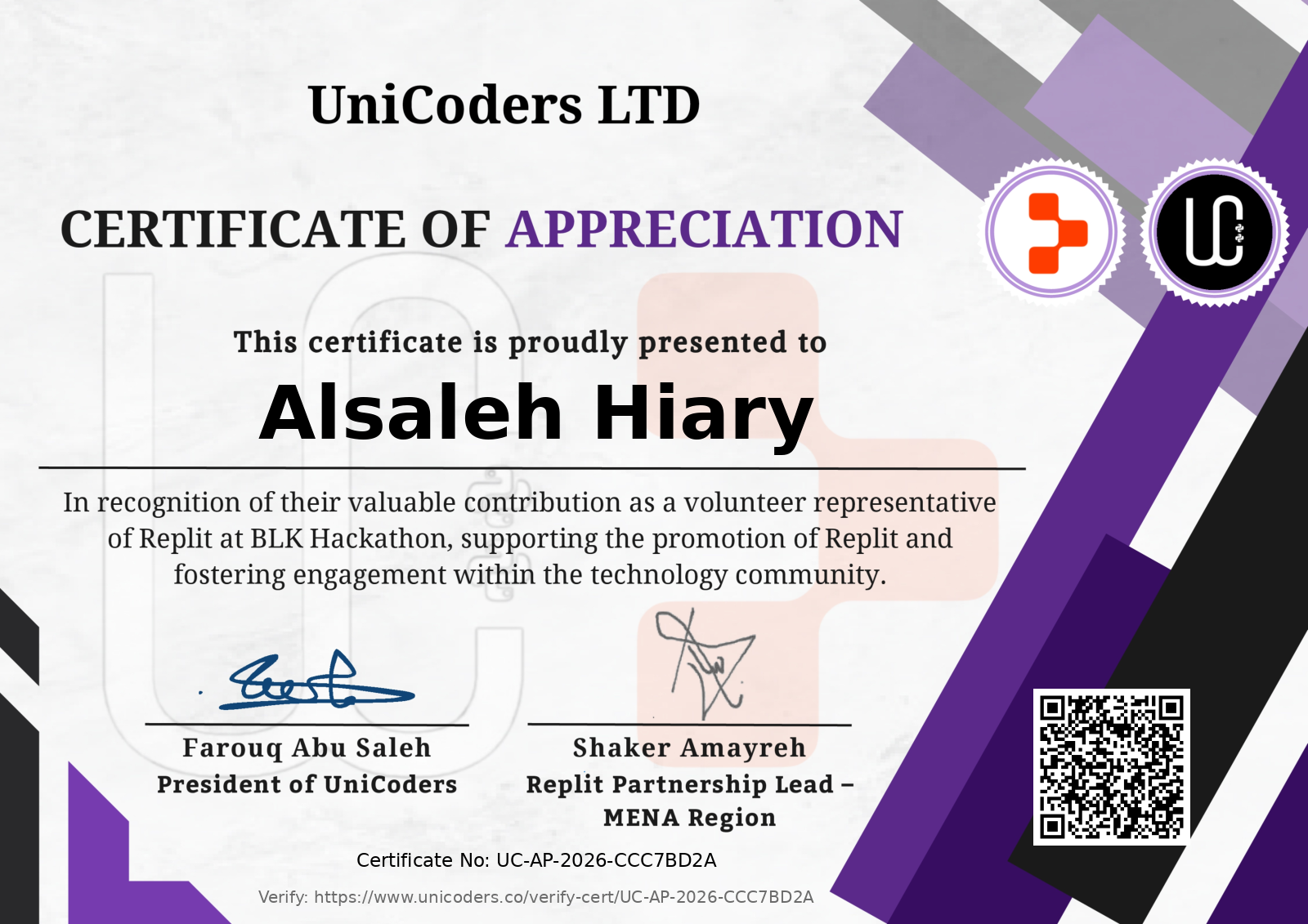 Certificate of Appreciation - UniCoders & Replit BLK Hackathon Volunteering