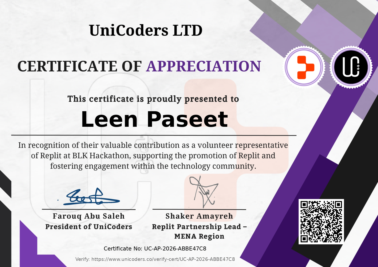 Certificate of Appreciation - UniCoders & Replit BLK Hackathon Volunteering