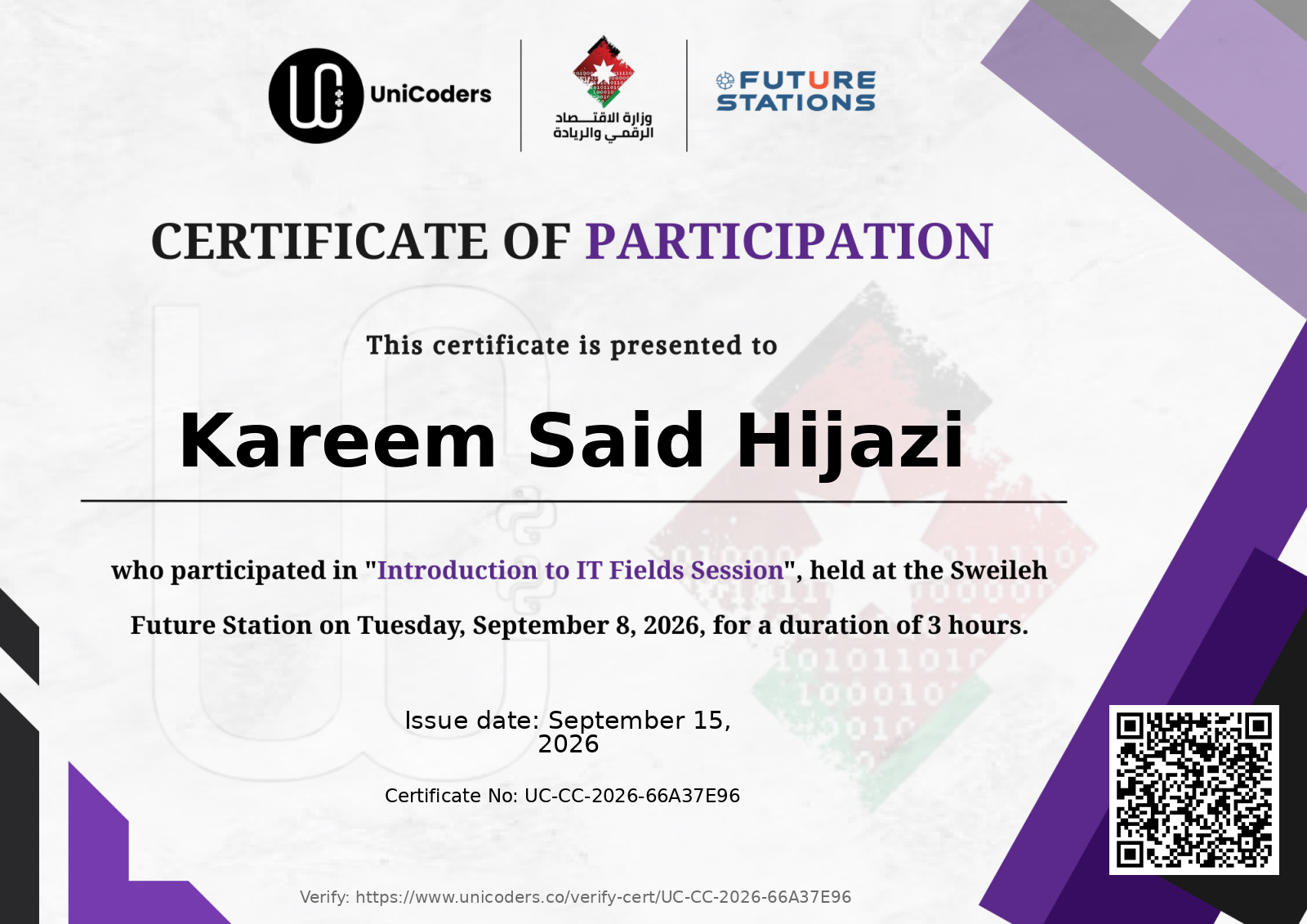 Certificate of Completion — Introduction to IT Fields Session