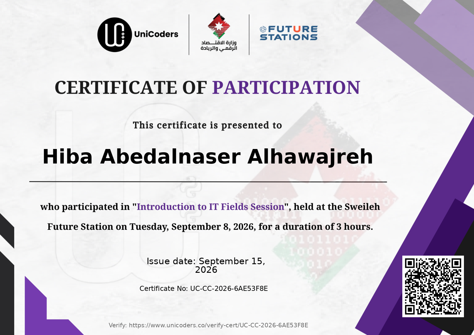 Certificate of Completion — Introduction to IT Fields Session