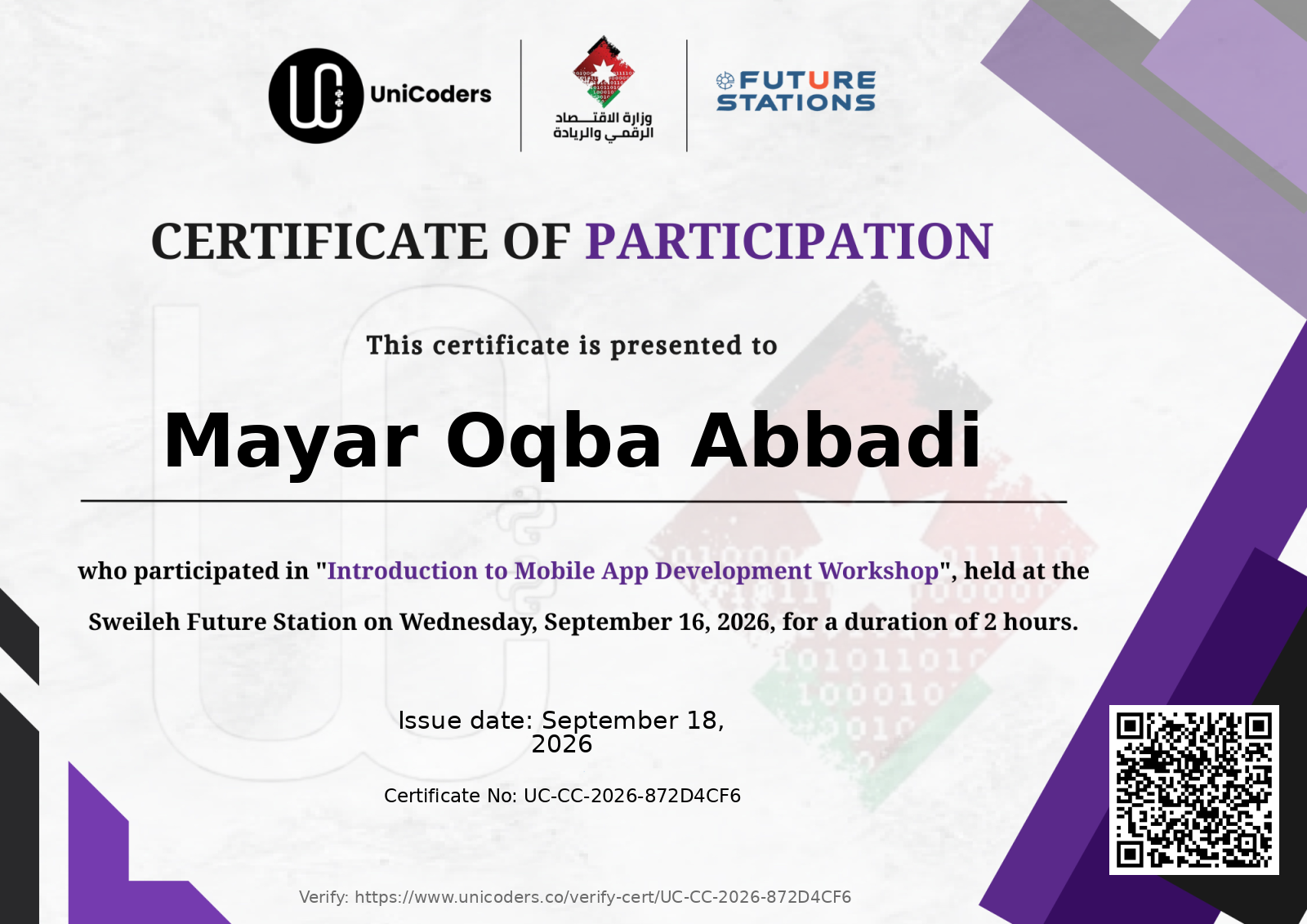 Certificate of Completion — Introduction to Mobile App Development Workshop