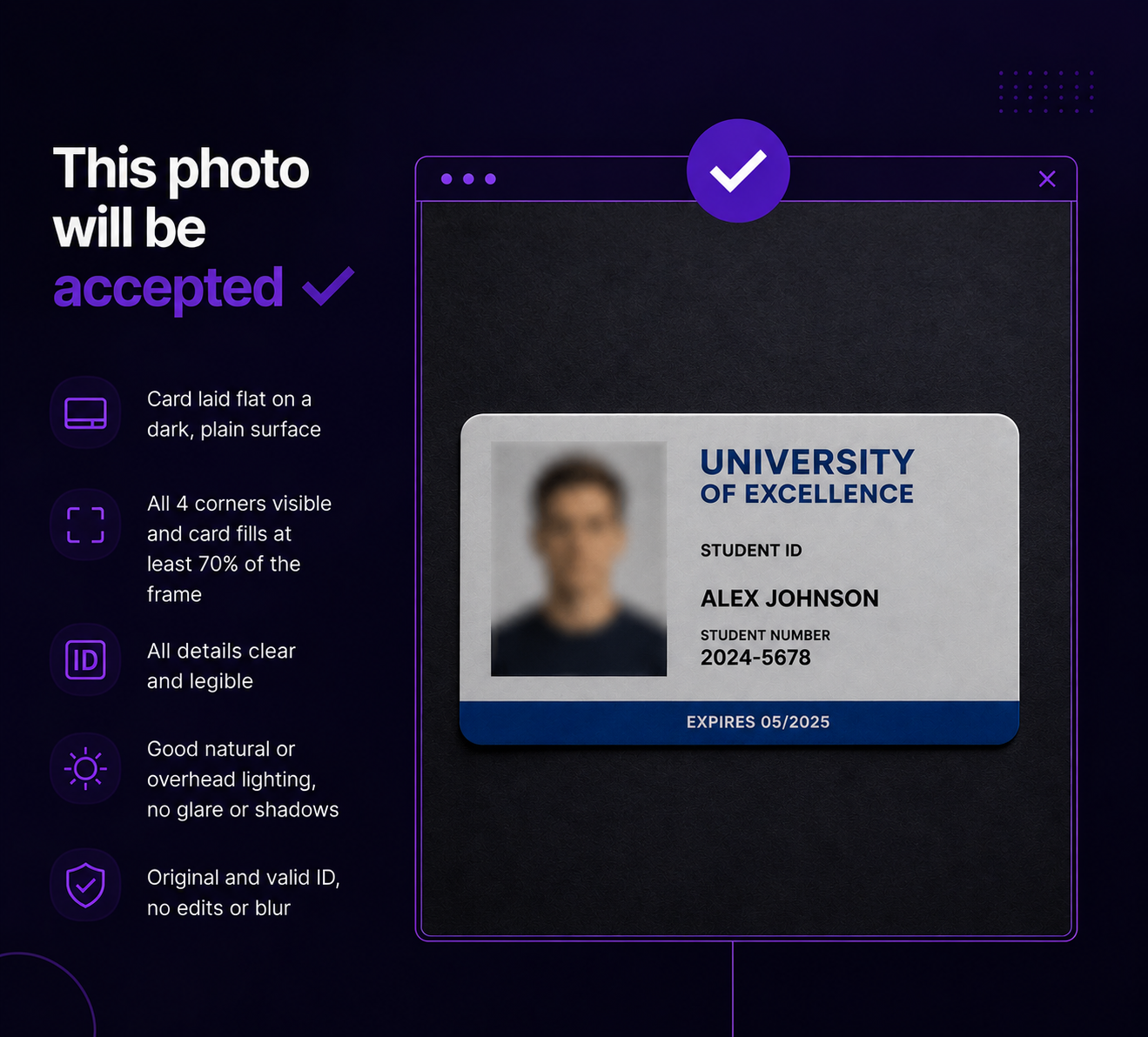 Allowed university ID photo example