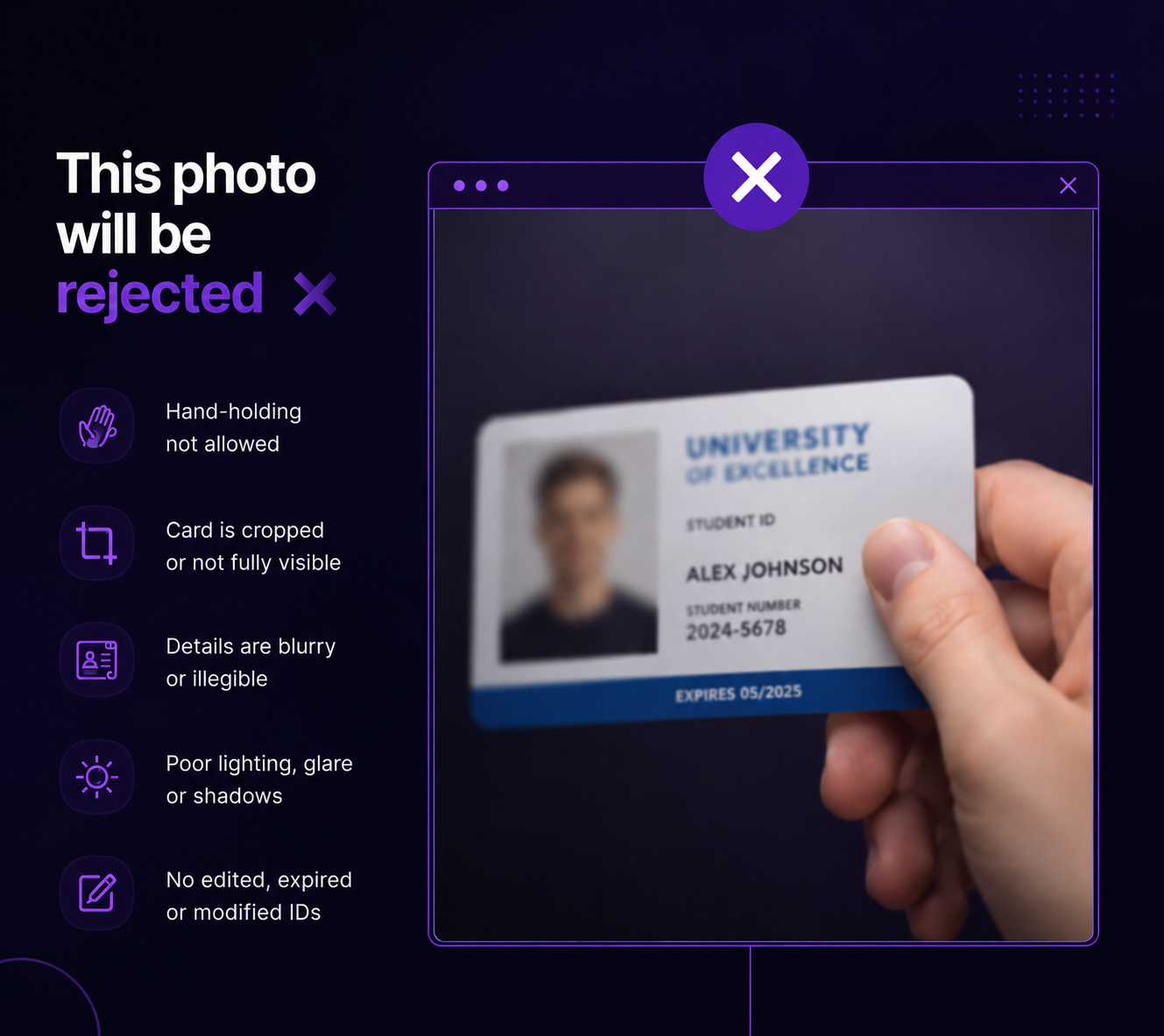 Disallowed university ID photo example